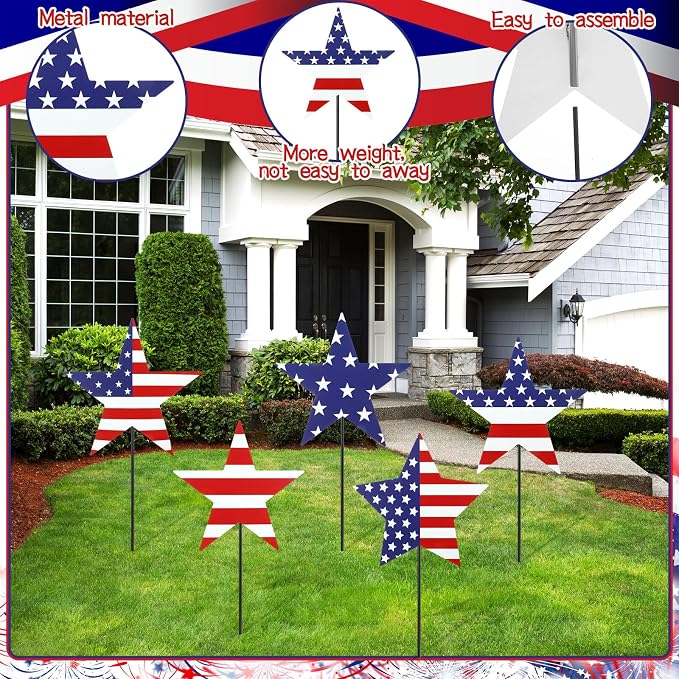 5 Pcs Patriotic 4th of July Outdoor Decorations Independence Day Metal Yard Signs with Stake American Flag Red White Blue Star 250 Anniversary Lawn Signs for 4th of July Garden Party Decor