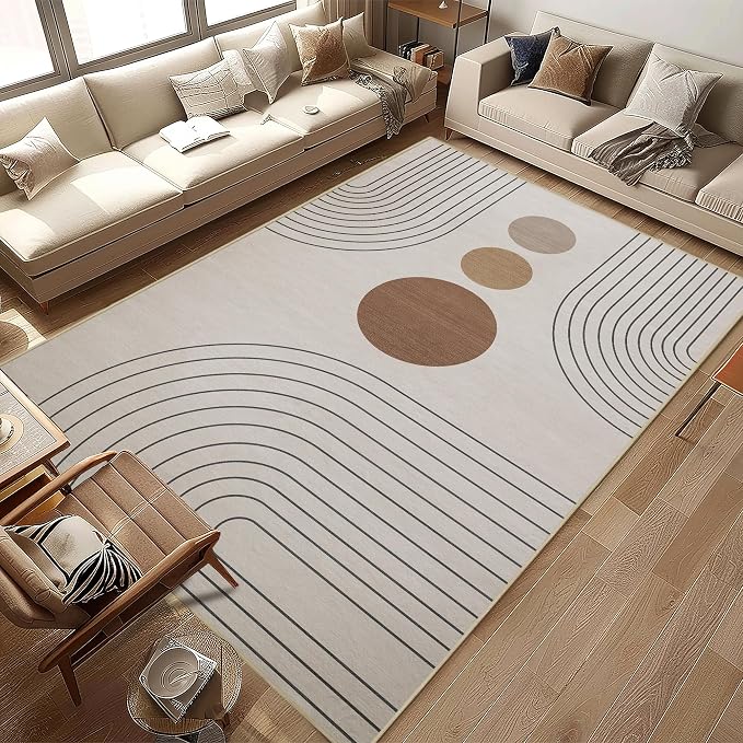 8x10 Area Rug for Living Room Boho Modern Minimalist Geometric Abstract Large Rug Neutral Beige Mid Century Modern Machine Washable Non-Slip Printed Low-Pile Indoor Floor Carpet Dining Room Bedroom