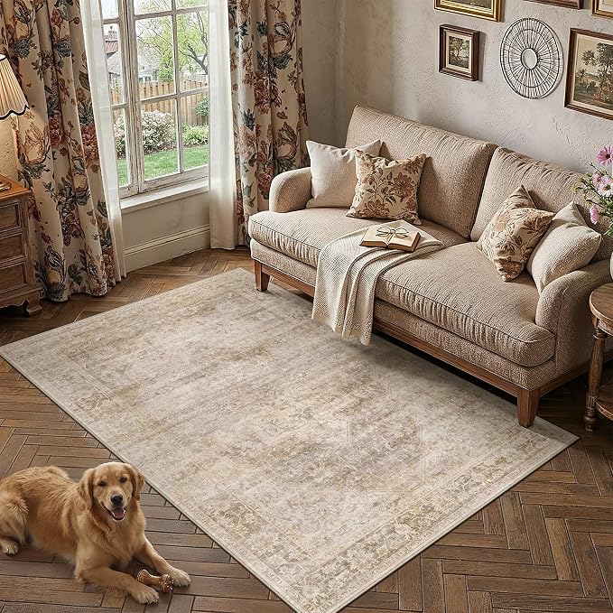 4x6 Beige Farmhouse Area Rug | Washable, Non Slip, Soft Low Pile, Neutral Vintage, for Entryway Kitchen Bathroom Living Room Bedroom Indoor Home Decor