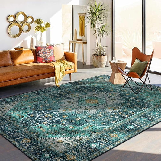 Moynesa Ultra-Thin Vintage Area Rug - 9x12 Large Living Room Rug, Non-Slip Stain Resistance Low Pile Bedroom Mat, Oriental Indoor Office Floor Carpet for Dining Room Kitchen Table Dorm