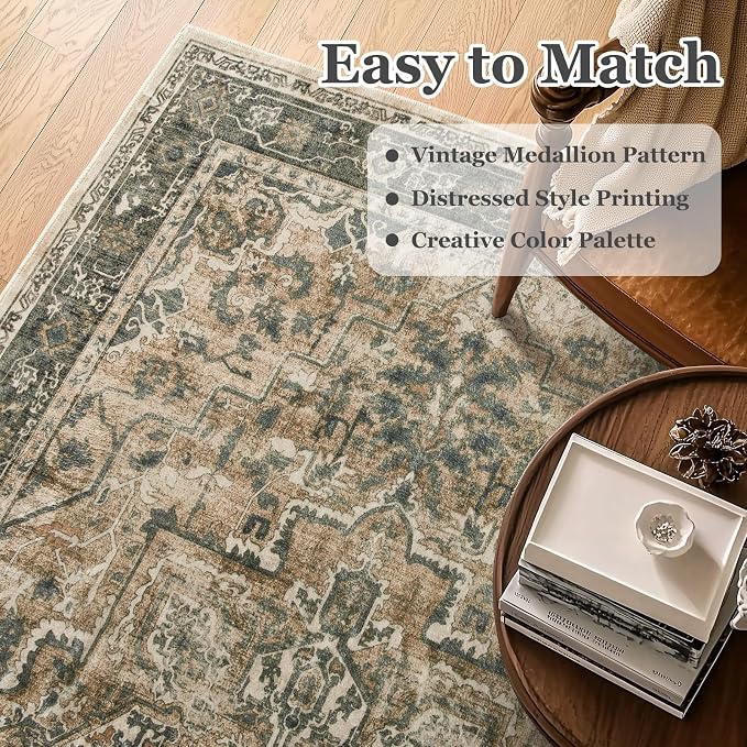 Vintage Distressed 5x7 Area Rugs for Living Room Bedroom Non Slip Washable, Medallion Pattern Printed Low Pile Thin Carpet Rugs for Dining Room/Kitchen/Home Office, Multi Brown Olive Accents