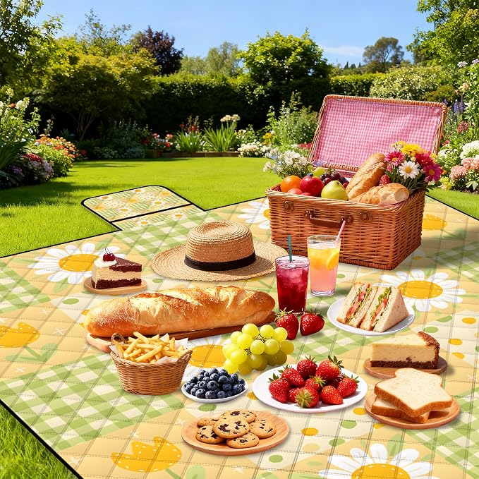 Extra Large Picnic Blanket Waterproof,80"x 80"Foldable Machine Washable Beach Blanket,Outdoor Blanket for 6-8 Adults,Suitable for Indoor Crawling,Park Beach,Camping,Hiking,Family Travel(Sunflower)