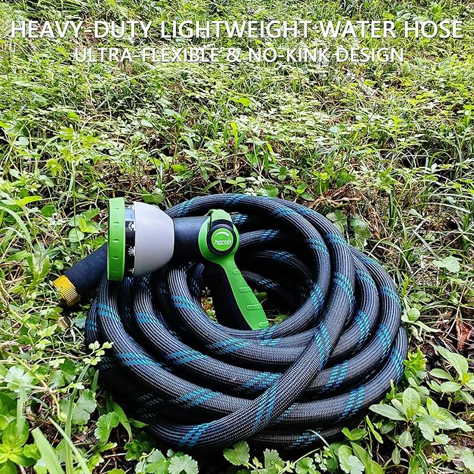 Junredy Garden Hose 75 FT, NON-EXPANDABLE Heavy-Duty Flexible & Lightweight Water Hose with 10-Function Nozzle, No-Kink, Leak-Proof Super Fabric, Solid Fittings for Lawn, Car, Outdoor (Black Blue)