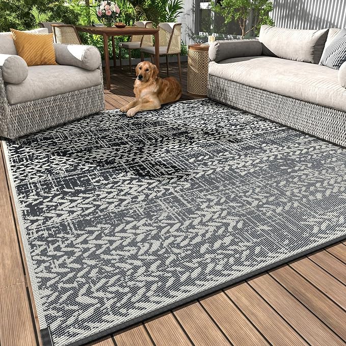 MontVoo Outdoor Rug 9x12 Waterproof-Patio Rug Mat Outdoor RV Camping Picnic Beach Mat Plastic Straw Rugs Outside Outdoor Area Rugs for Balcony Deck Backyard Grey