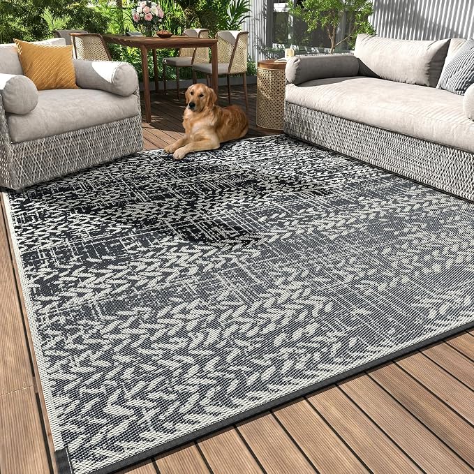 MontVoo Outdoor Rug 8x10 Waterproof-Patio Rug Mat Outdoor RV Camping Picnic Beach Mat Plastic Straw Rugs Outside Outdoor Area Rugs for Balcony Deck Backyard Grey