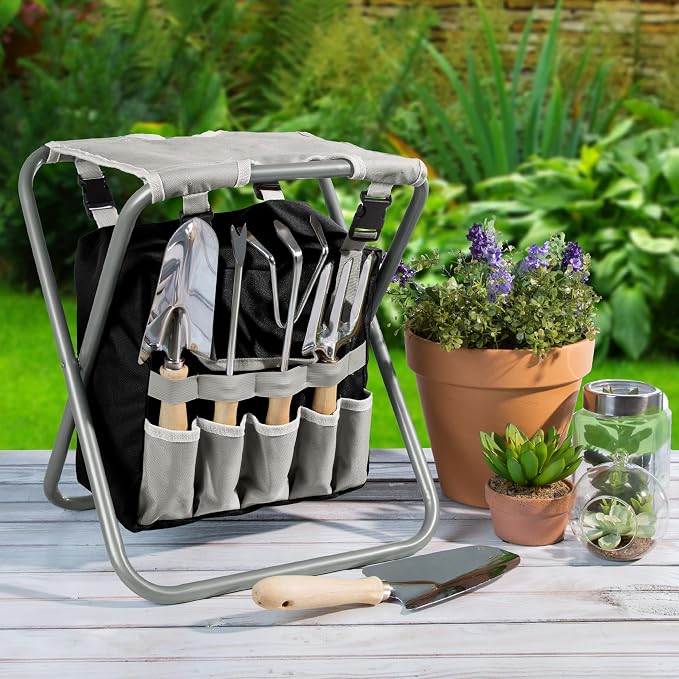 Pure Garden Garden Tools Set - Folding Stool with 250lb Capacity, Detachable 7 Pocket Bag, and 5 Gardening Tools for Weeding and Planting (Gray)