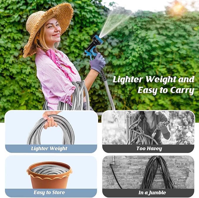 Garden Hose 100FT with 10 Function Nozzle, Water Hose with Leak-proof Connectors No-Kink Lightweight Puncture-proof Pet-proof Sturdy Hose for Outdoor Yard（Light Silver）