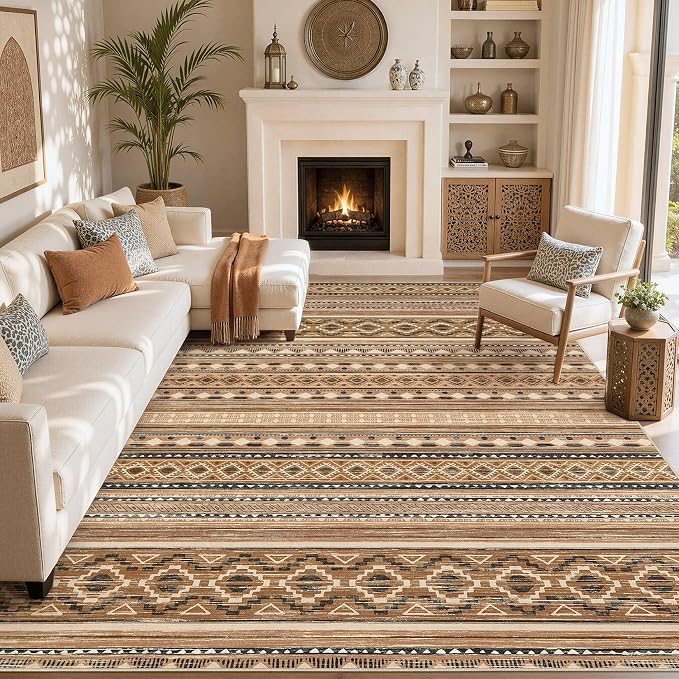 cotiled Boho 9x12 Area Rug for Living Room: Large Moroccan Washable Rug | Solve Modern Neutral Trendy Home Decor - Stain Resistan Carpet for Bedroom Farmhouse Dining Room Brown Beige