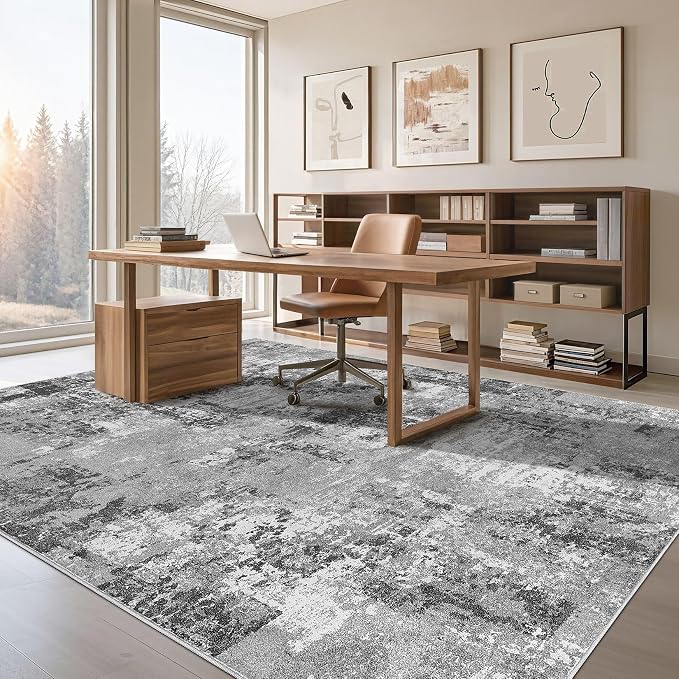 Tortania Washable 10x14 Area Rug for Living Room: Modern Abstract Neutral Large Soft Thin Rugs - Non Slip Indoor Carpet for Bedroom Dining Room Office Nursery Home Floor Decoration - Grey