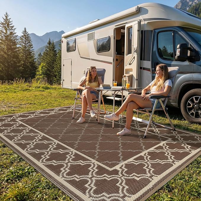 Garvee Reversible Outdoor Rug 10x14, Waterproof Outdoor Plastic Straw Rug with Interlacing Pattern, RV Mat for Picnics, Patio, Camping, Balcony, Deck, Backyard, Porch, Brown