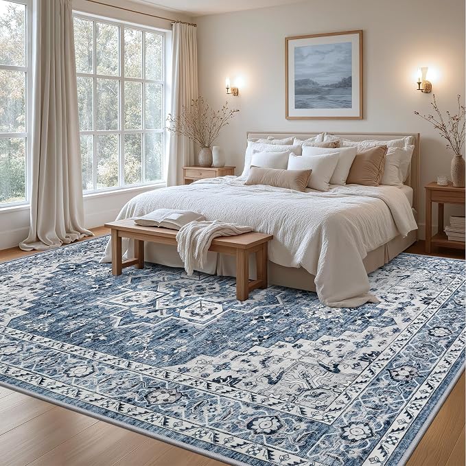 10x14 Area Rugs Living Room: Washable Vintage Rug for Bedroom Blue | Vintage No Slip Stain Resistant Rug Soft Indoor Decor Floor Floral Area Rugs for Dining Room, Nursery, Hallway, Home Office