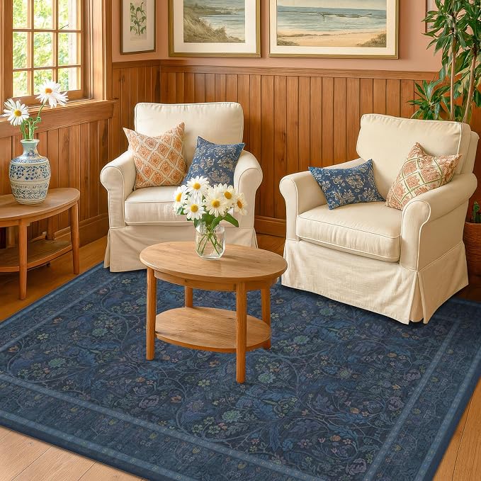 4x6 Washable Kitchen Rugs - Navy Blue Large Entryway Rugs Indoor, Non Slip Area Rug for Mudroom, Bedroom, Low Pile Stain Resistant Flower Victorian Carpet (Dark Blue)