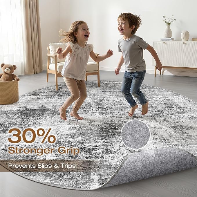 LOONGRUG Round Rug 8x8 Washable Neutral Modern Living Room Rug Black Gray | Circle Large Abstract Soft Stain Resistant Indoor Non-Slip Carpet for Bedroom Nursery Kids Office Playroom Dining Room
