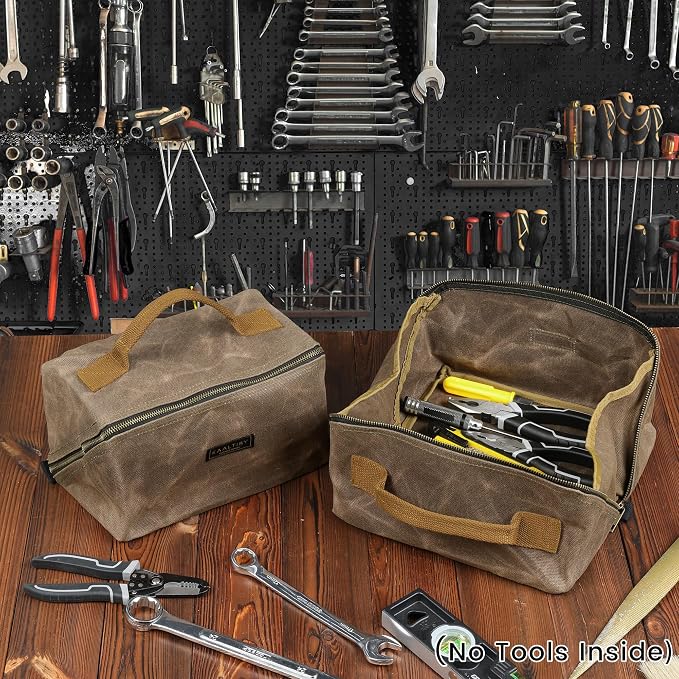 Tool Storage Pouch, Heavy Duty 16oz Waxed Canvas Tool Bag, Large - Capacity Tool Storage Organizer (Grey) - for Electrician Contractor