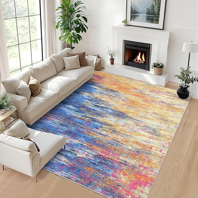 ROYHOME Washable Rug 5x7 Abstract Area Rug for Living Room, Blue/Orange | Non Slip Foldable Soft Rugs for Bedroom, Stain Resistant Rugs Modern Fuzzy Rug, Indoor Floor Carpet for Entryway Home