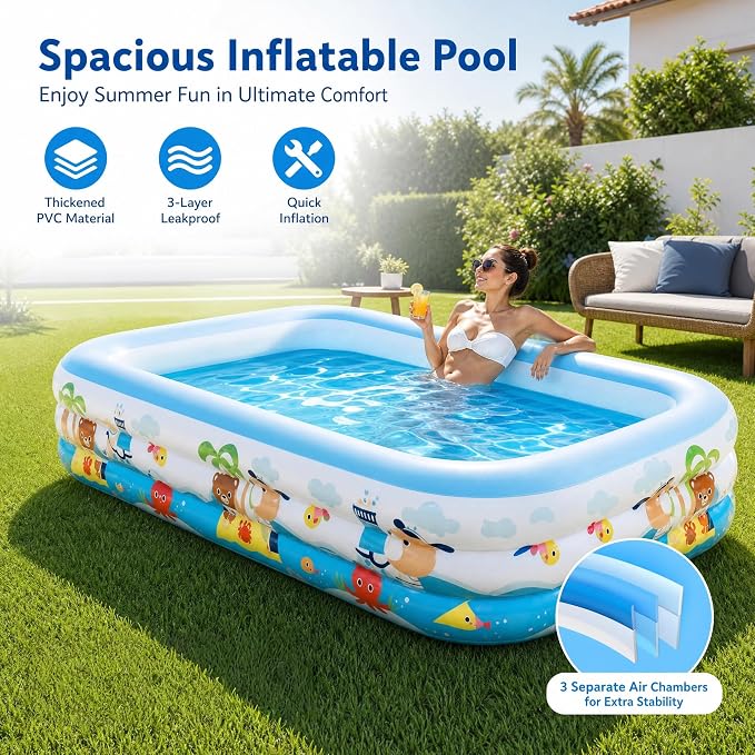 Heavy Duty 3-Ring Inflatable Family Pool 118x69x21 Inches Blow Up Swimming Pool for Backyard Garden Summer Water Party