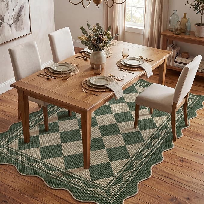 Garvee Easy Jute 8x10 Area Rug Scalloped Border Rugs for Living Room，Green | Indoor Outdoor Washable Rugs for Bedroom Non Slip Stain Resistant Low Pile Throw Rug for Dining Room Nursery