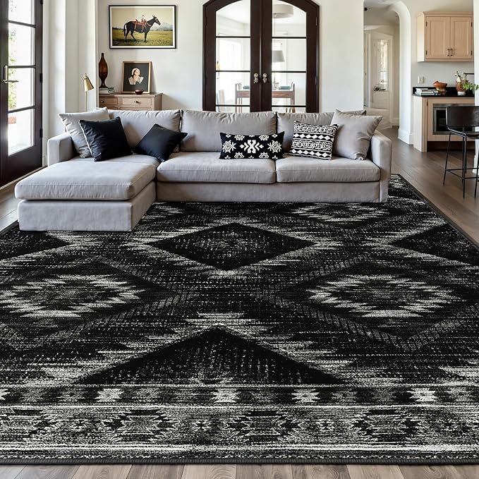 9'x12' Washable Area Rug for Living Room Bedroom Black | Soft Western No Slip Low Pile Print Foldable Indoor for Kitchen Dining Room