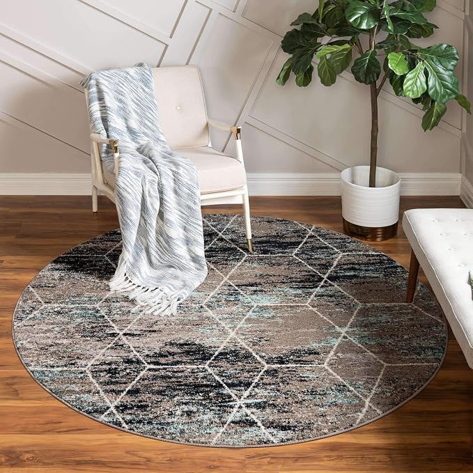 Unique Loom Trellis Frieze Collection Area Rug - Geometric (8' Round, Blue Multi/ Ivory)