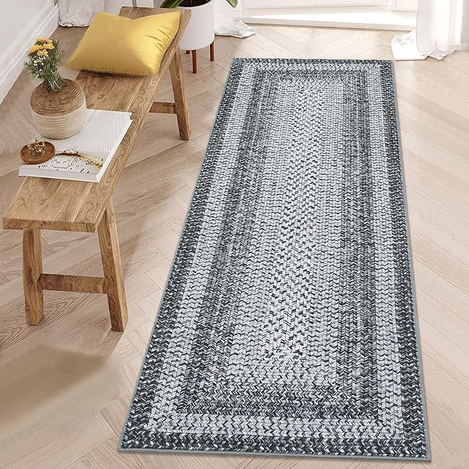 RUGSREAL Braided Print Runner Rug 2x8 Machine Washable Hallway Runner Rugs | Entryway Long Throw Carpet Non Slip Kitchen Mat Living Room Rustic Carpet for Bedroom Dining Room, Grey