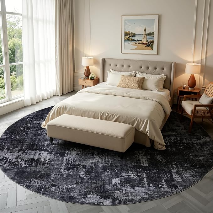 Sasttie 8ft Round Rug, Modern Abstract Large Circle Carpet, Black & Grey | Machine Washable, Ultra-Soft Faux Wool, Low Pile, Non-Slip, Lightweight, Thin, for Living Room, Bedroom, Dinning Room & Dorm