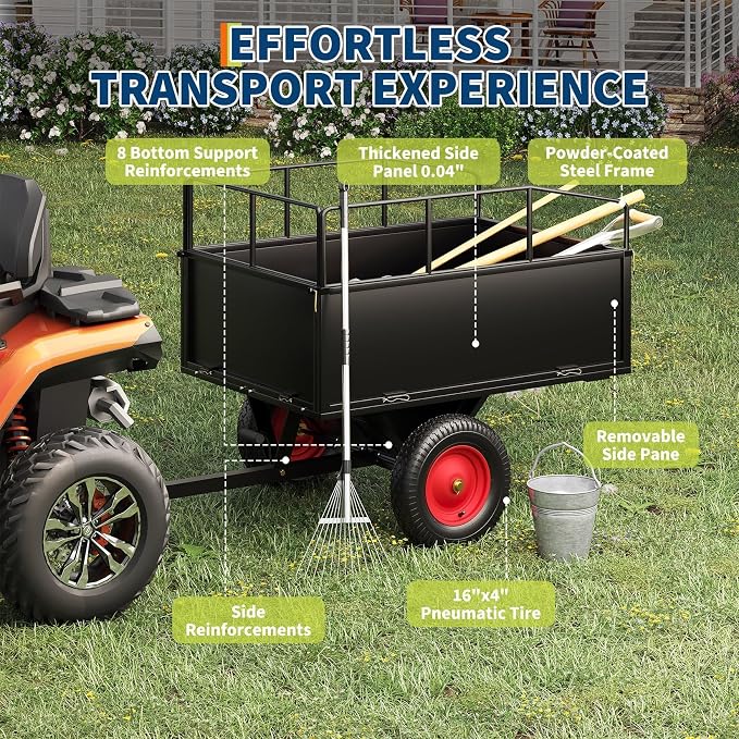 PeakPursuit Tow Behind Steel Dump Cart, Heavy Duty Yard Garden Trailer with Removable Sides & All Terrain Tires, Fits Lawn Mower, Tractor, Garden Cart, 750 lbs 17 Cubic Feet, Black
