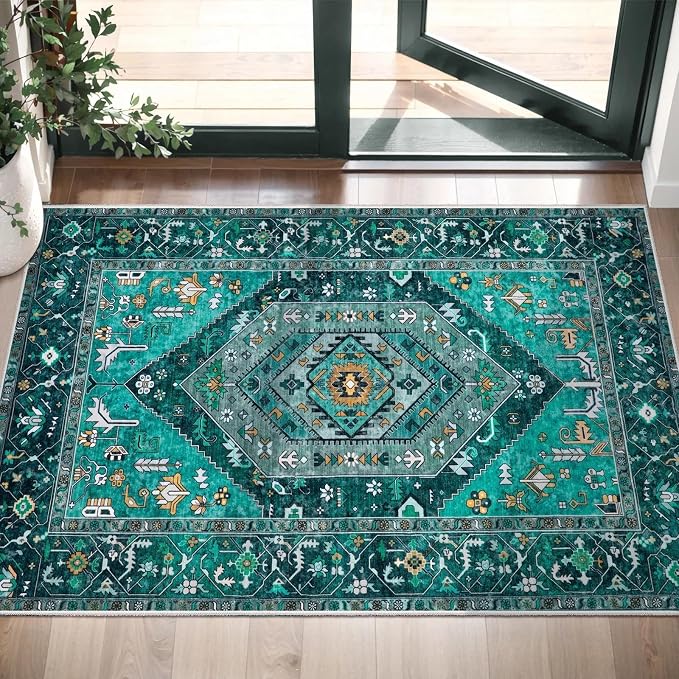 SERISSA 2x3 Washable Non Slip Boho Small Area Rug for Entryway，Teal | Ultra Soft Vintage Oriental Carpet Low-Pile Tribal Indoor Mat for Bedroom Kitchen Bathroom Entrance Floor