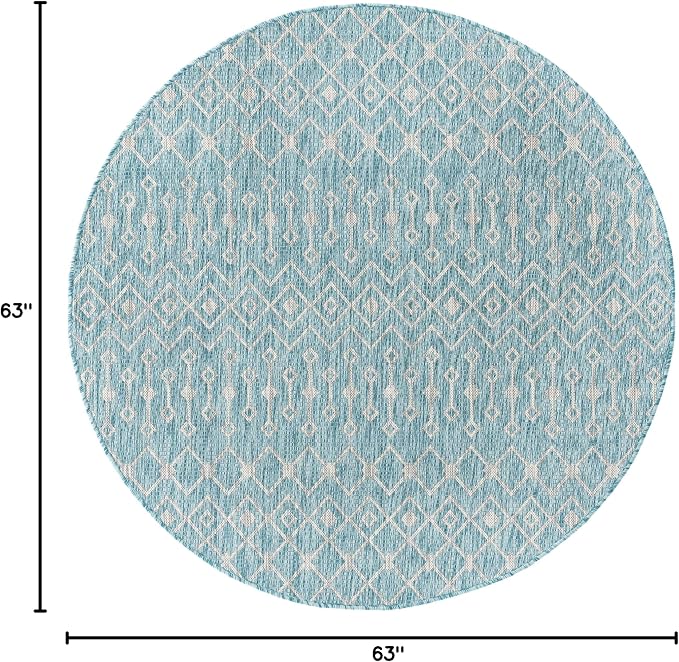 Unique Loom Outdoor Trellis Collection Area Rug - Tribal Trellis (5' 3" Round, Aqua/ Ivory)