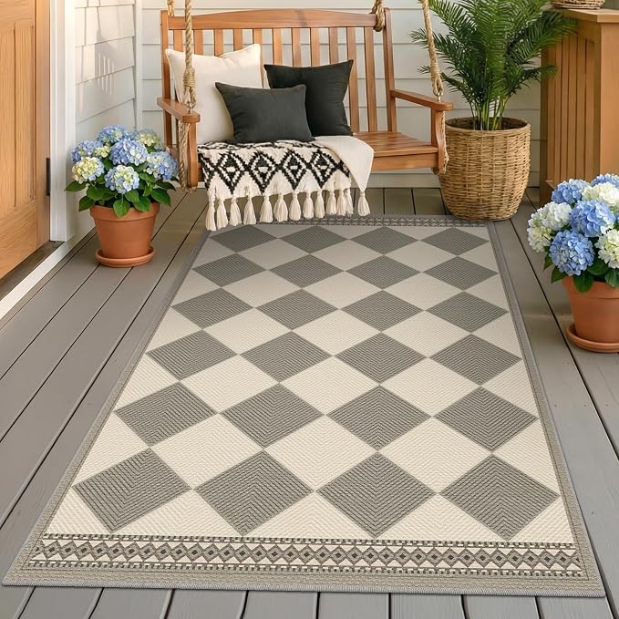 Gray and Cream Checkered Easy Jute 3x5 Outside Area Rug Outdoor Porch Decor, Entryway Rugs Indoor Diamond Geometric Pattern Mat, Patio, Backyard or Entry, Boho Farmhouse Style Washable Non Skid Mat