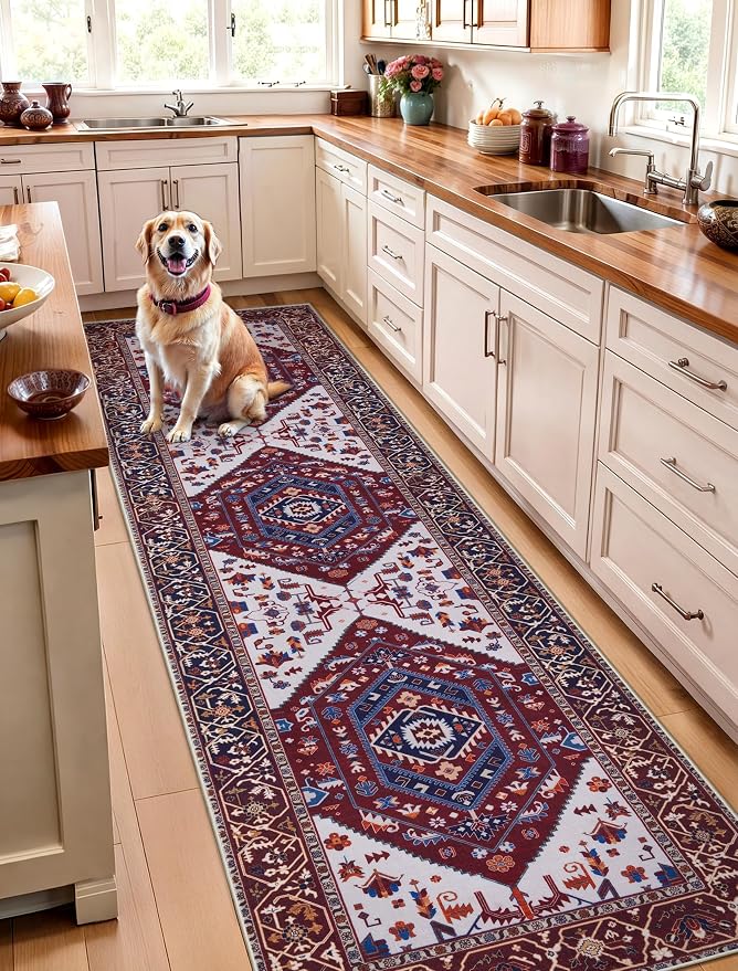 SERISSA 2'6"x8' Washable Non Slip Boho Runner Rug for Hallway | Ultra Soft Vintage Oriental Carpet Low-Pile Burgundy Navy Floor Carpet for Kitchen Bedroom Bathroom Laundry Room