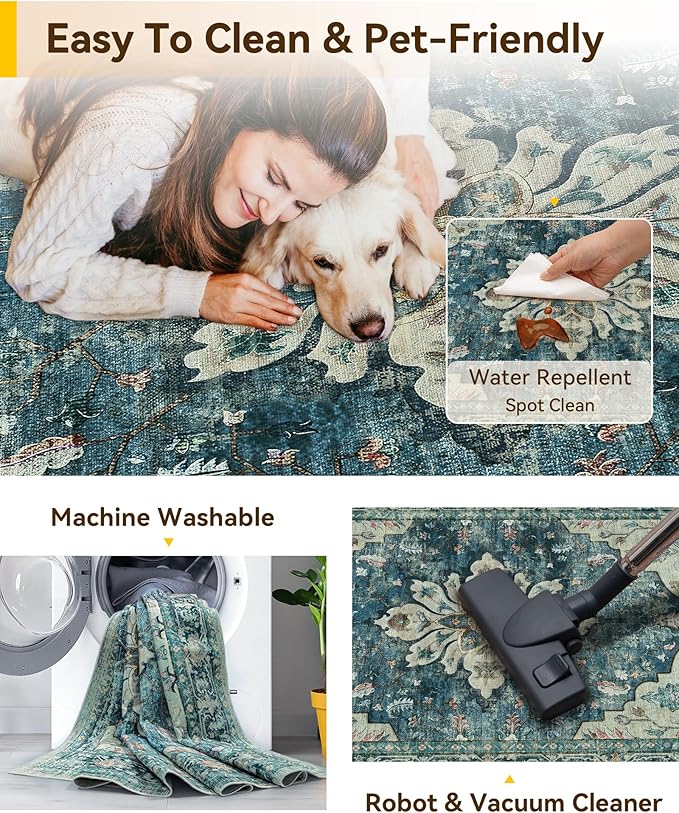 RELEANY Washable Area Rug, 6'x8', Blue/Vintage Dark Blue | Non-Slip, Water Repellent, Pet Friendly, Easy to Clean, Vintage Floral Boho Decor for Living Room Bedroom Dining Room Office