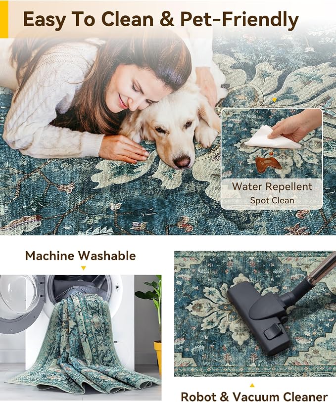 RELEANY Washable Area Rug, 3'x5', Blue/Vintage Dark Blue | Non-Slip, Water Repellent, Pet Friendly, Easy to Clean, Vintage Floral Boho Decor for Living Room Bedroom Beside Kitchen