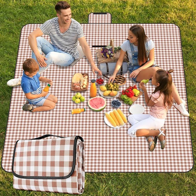 Picnic Blanket Waterproof Beach Rug 80''x118'' Picnic Mat Washable Lightweight with Handle Coffee Checkered for Hiking Travelling Outdoor Camping,Parks