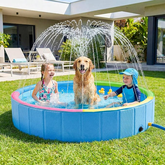Foldable Dog Pool with Sprinkler, Ideal Splash Pool Swimming Pools | Large 48” Dog Pool, Splash Pad, Hard Plastic, Non Slip, Portable Dog Swimming Pool for Outdoor Backyard