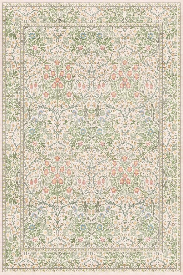 Beige Green 4x6 Washable Area Rug for Living Room, Large Entryway, Nursery, Bedroom, Kitchen, Ultra Soft Non Slip Stain Resistance, Floral Distressed Aethestic Design