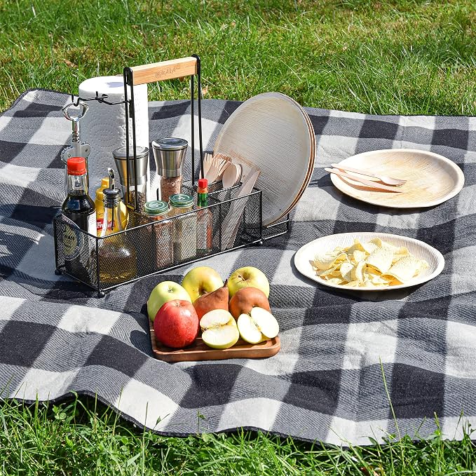 OMAIA BBQ and Grill Caddy with Paper Towel Holder, Wood Handle & 2 Hooks – Camper Accessories Condiment Caddy – Plates, Cutlery and BBQ Organizer for Camping Outdoor, RV - US Patent Pending