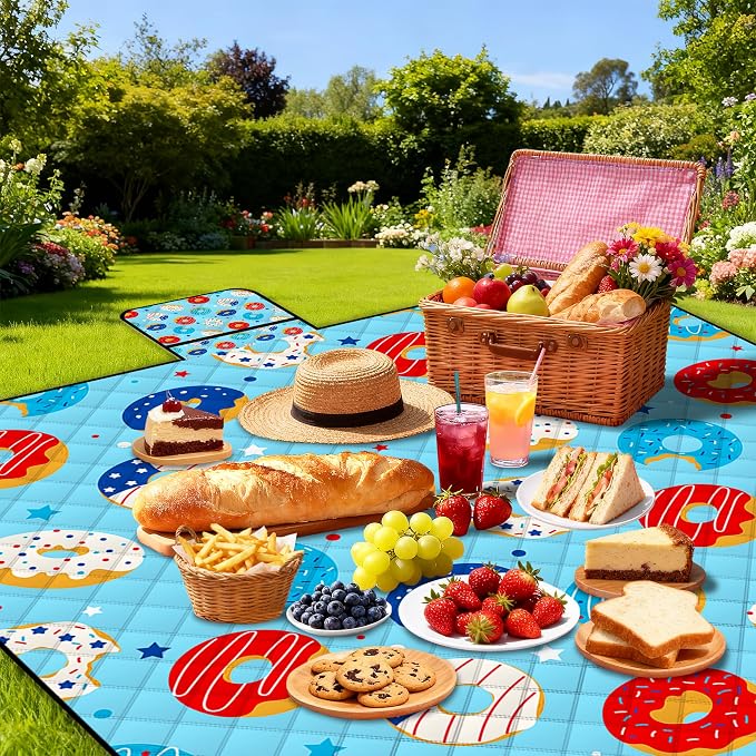 Poedist Extra Large Picnic Blanket Waterproof,80"x 80"Foldable Machine Washable Beach Blanket,Outdoor Blanket for 6-8 Adults, for Indoor Crawling,Park Beach,Camping,Hiking,Family Travel(Doughnut)