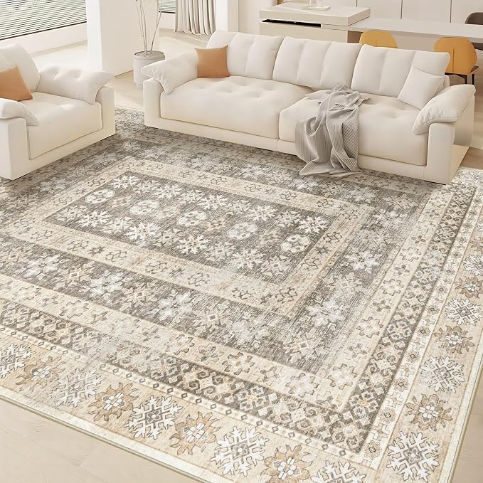 Area Rug for Living Room 9x12: Large Washable Boho Moroccan Rugs Geometric Floral Rug, Non-Slip Foldable Morden Farmhouse Indoor Floor Carpet for Bedroom Dining Table Home(FloralBrown, 9'x12')