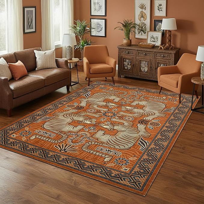 GarveeHome Tiger 6x9 Area Rugs Boho Washable Vintage Non Slip Living Room | Terracotta Rugs for Bedroom, Vintage Tribal Soft Animal Print Throw Rug Ultra Thin Stain Resistant Floor Carpet for Office
