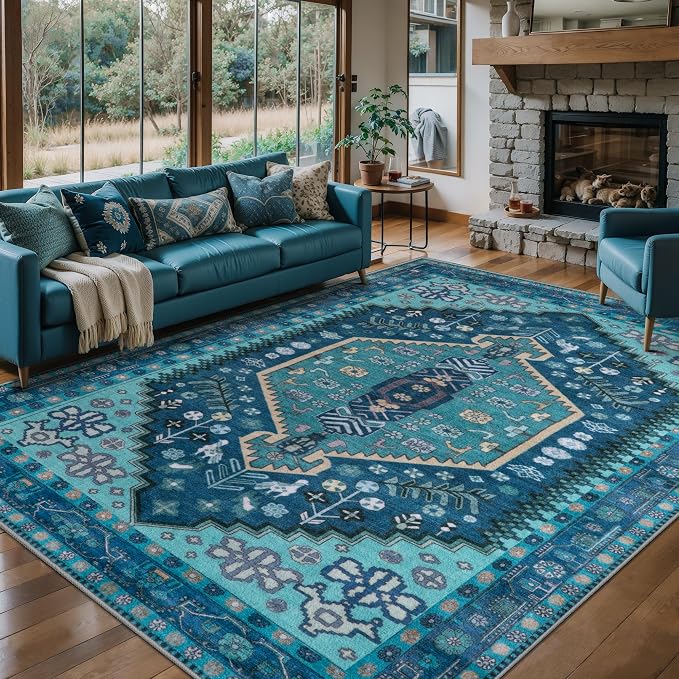 Ciicool 5x7 Area Rugs,Washable Large Boho Carpet for Living Room Bedroom | Oriental Low-Pile Soft Vintage Non-Slip Indoor Throw Teal Carpet for Kitchen Bedside Dining Room Foyer Decor