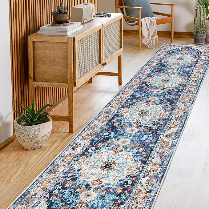 U'Artlines 2' x 10' Boho Hallway Runner Rug, Non Slip Washable Vintage Farmhouse Accent Area Rug Carpet for Kitchen Entryway Laundry and Living Room (Blue) | Vintage Farmhouse Kitchen Rug Accent Area Carpet for Entryway Laundry and Living Room