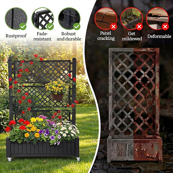 YITAHOME 3.6x1.5x5 FT Planter Box Trellis with Wheels, Large Outdoor Plastic Raised Garden Bed with Drain Plug for Climbing Plants, Black