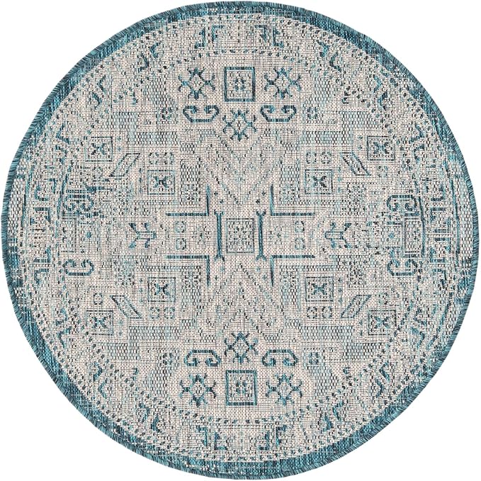 Unique Loom Outdoor Aztec Collection Area Rug - Coba (3' 3" Round, Teal/ Ivory)