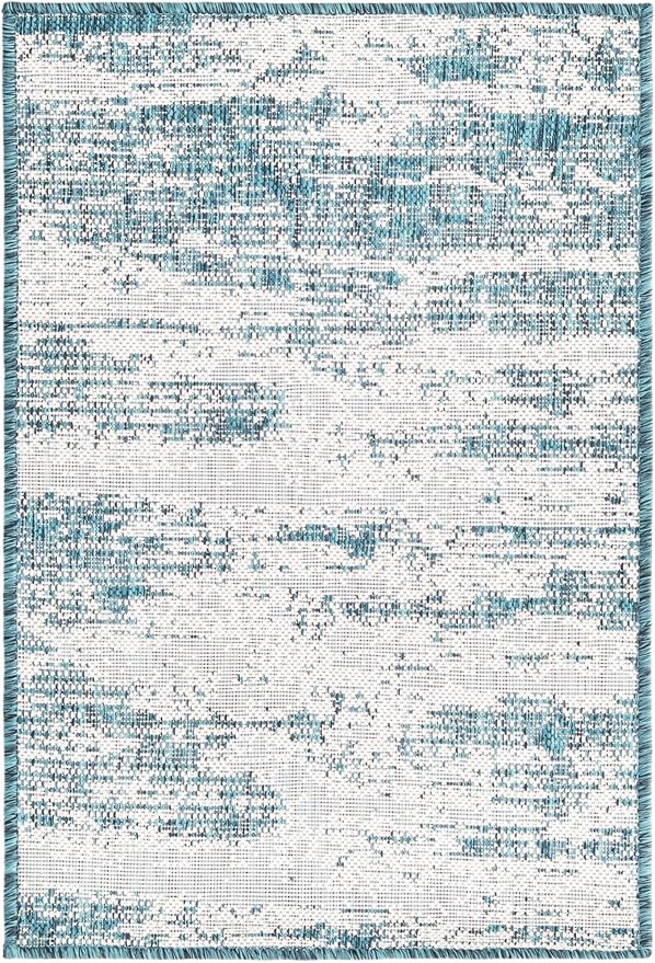 Unique Loom Outdoor Modern Collection Area Rug - Cartago (2' 2" x 3' 1" Rectangle, Teal/ Ivory)