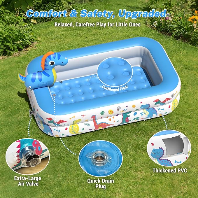 JOSEN Dinosaur Kiddie Pool with Canopy and Sprinkler, Inflatable Baby Pool with Soft Cushioned Floor, Portable Toddler Blow Up Pool Ball Pit for Backyard, Outdoor/Indoor Play Toys
