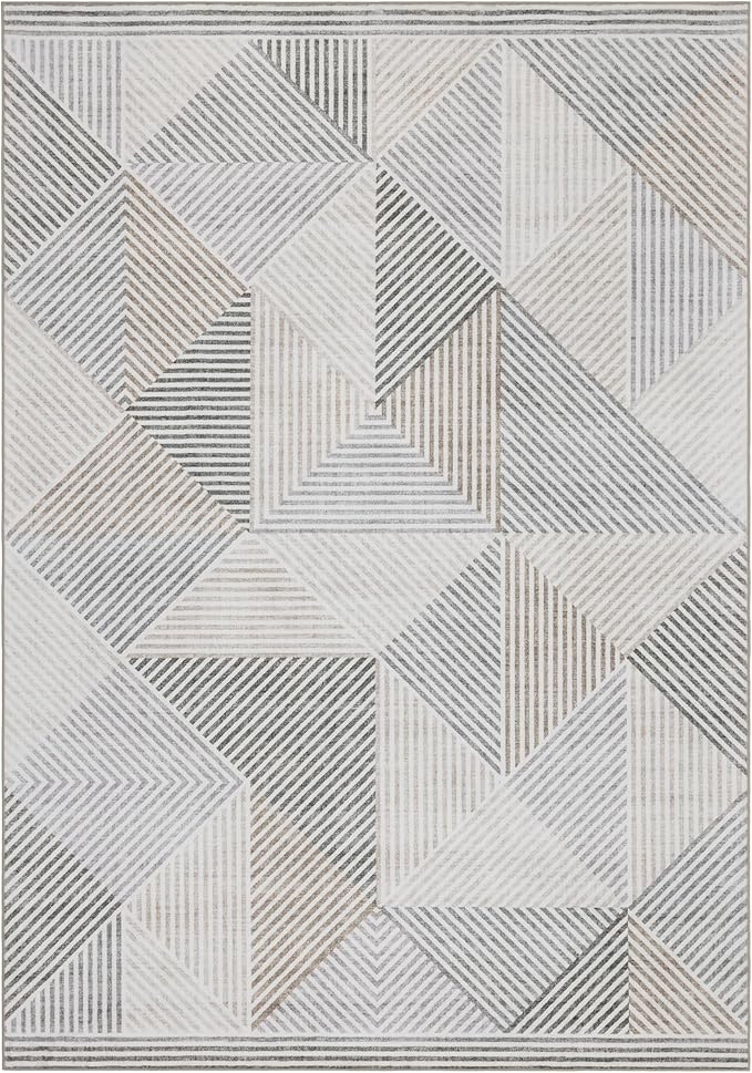 Machine Washable Area Rug - Living Room Bedroom Bathroom Kitchen Entryway Office - Padded Low Pile Stain Resistant Premium - Modern Geometric Contemporary - Miles - Beige 5' x 7'
