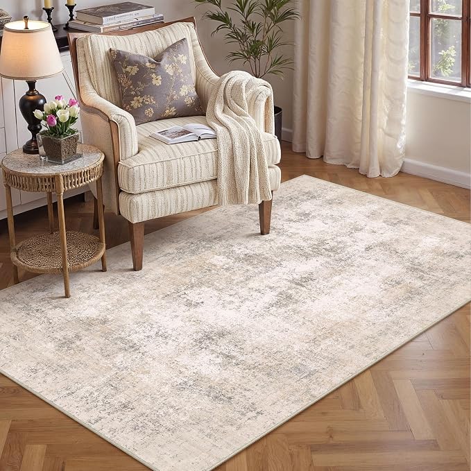 3x5 Beige Modern Abstract Washable Area Rug for Entryway | Low Pile, Non Slip, Modern Abstract Style, Soft Indoor Rug for Entryway, Kitchen, Bathroom, Door Mat, Home Decor