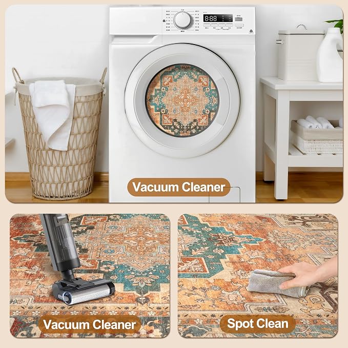 Tangsoo Oriental 4x6 Washable Area Rug for Living Room, Non Slip Rug Orange | Vintage Machine Washable Large Rug Carpet, Boho Soft Low Pile Foldable Indoor Rugs for Dining Room Bedroom Bedside Home Decor
