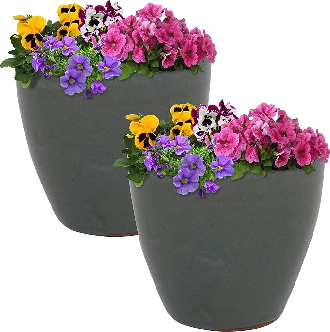 Sunnydaze Resort Round Ceramic Planter - Set of 2 Indoor or Outdoor Plant Pots with Drainage Hole - 8" - Gray Glaze
