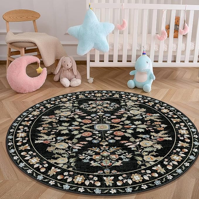 Round Rug 4ft Small Cicle Area Rug Washable Ultra-Thin Floral | Machine Washable Boho Circular Throw Carpet for Entryway Bedroom Kitchen Floor Indoor Low Pile Non Slip Boho Vintage Black